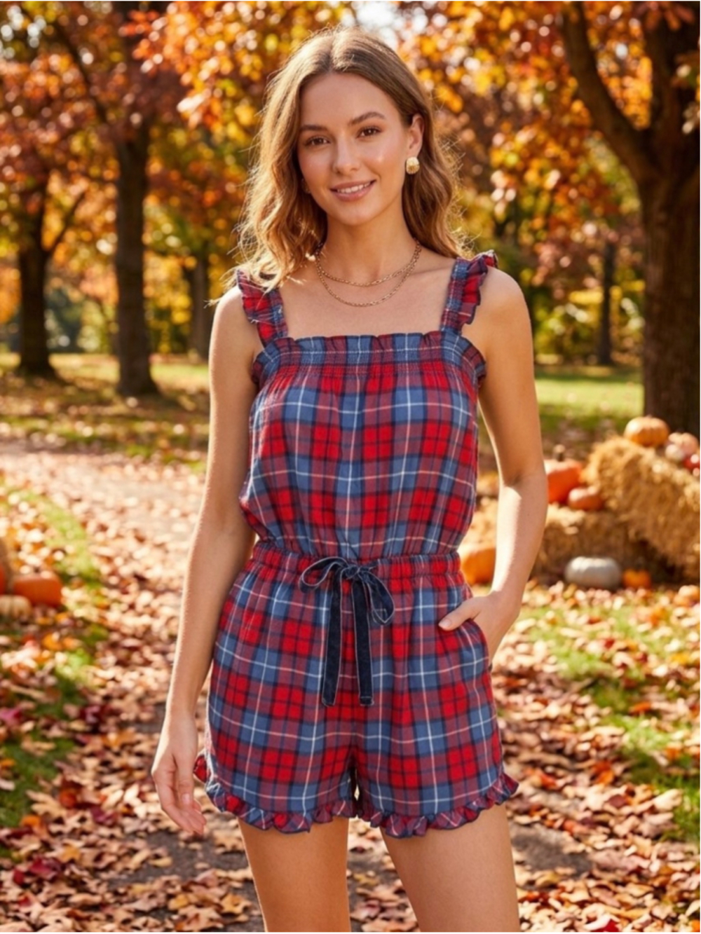 Women’s Aerie Flannel Romper size Small Red Plaid Ruffle Boho Velvet Bow Fall